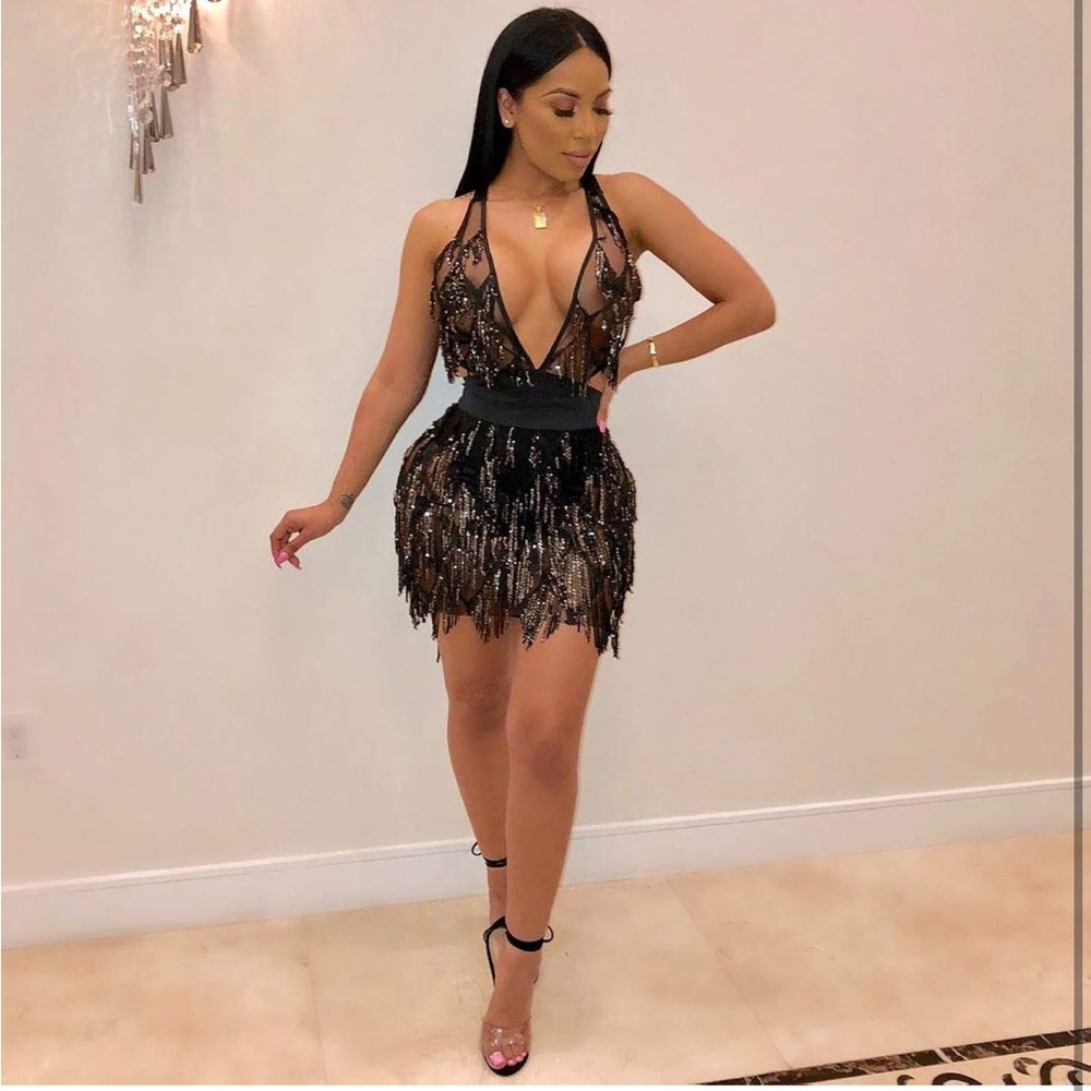 Black Sequin Beaded Halter Evening Dress